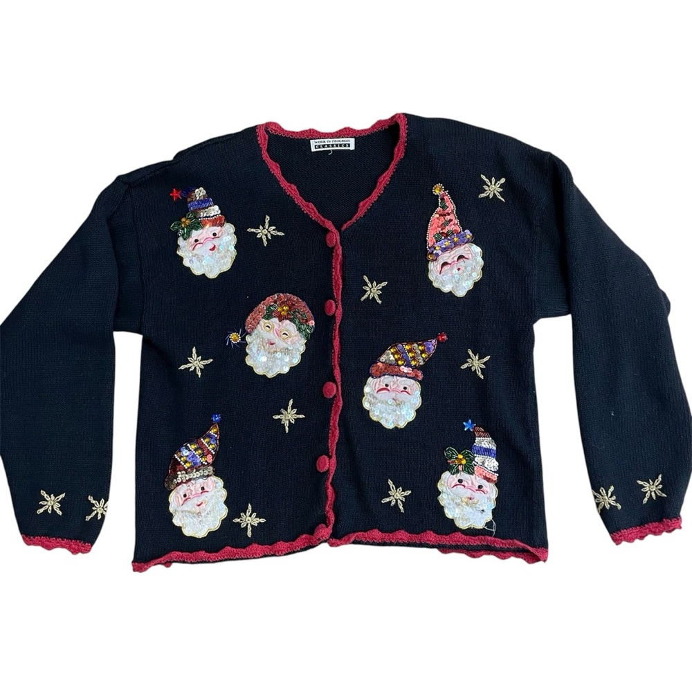 VTG Santa Sweater Sequin Cardigan Christmas Holiday LG Black Gran Cottage Quitky